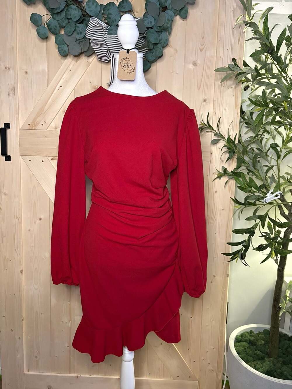 Large Ruched Long Sleeve Ruffle Hem Mini Dress